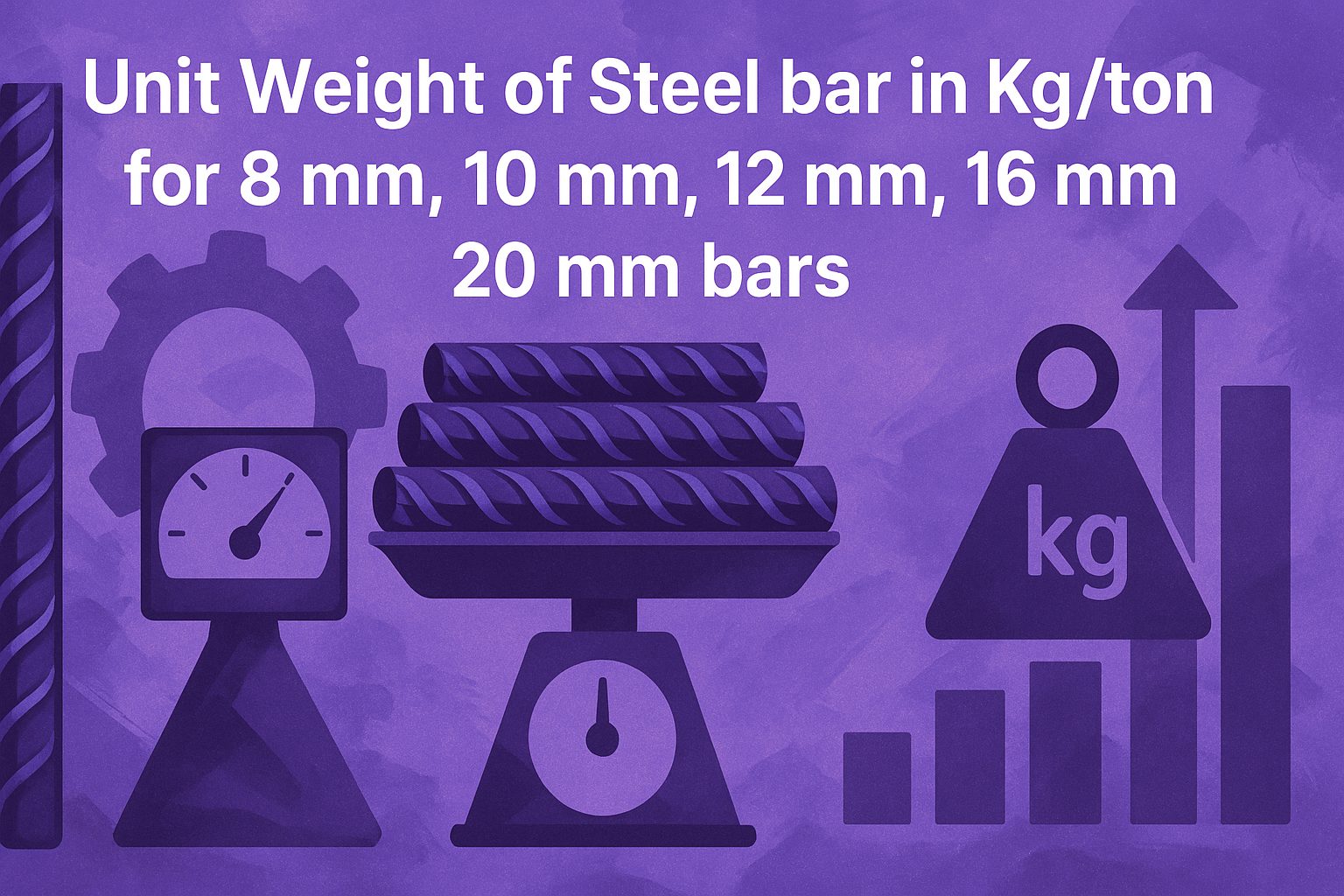 Unit Weight of Steel bar in Kg/ton for 8 mm, 10 mm, 12 mm, 16 mm, 20 mm bars