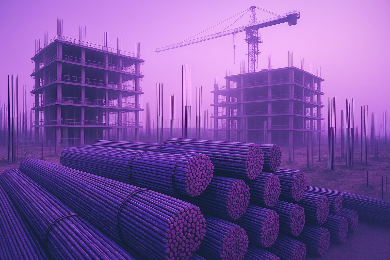 Construction site and steel rods in bundle
