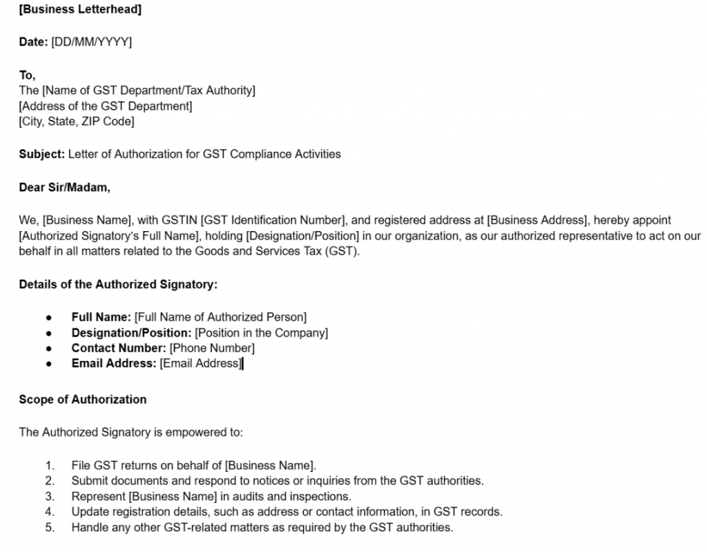 Letter Of Authorization For GST Purpose Use Format Importance Letter Of Authorization For GST Purpose Use Format Importance