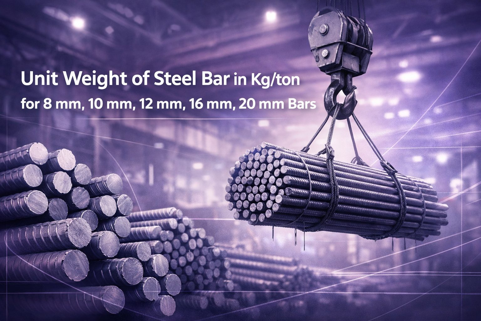 Unit Weight of Steel Bar in Kg/ton for 8 mm, 10 mm, 12 mm, 16 mm, 20 mm bars