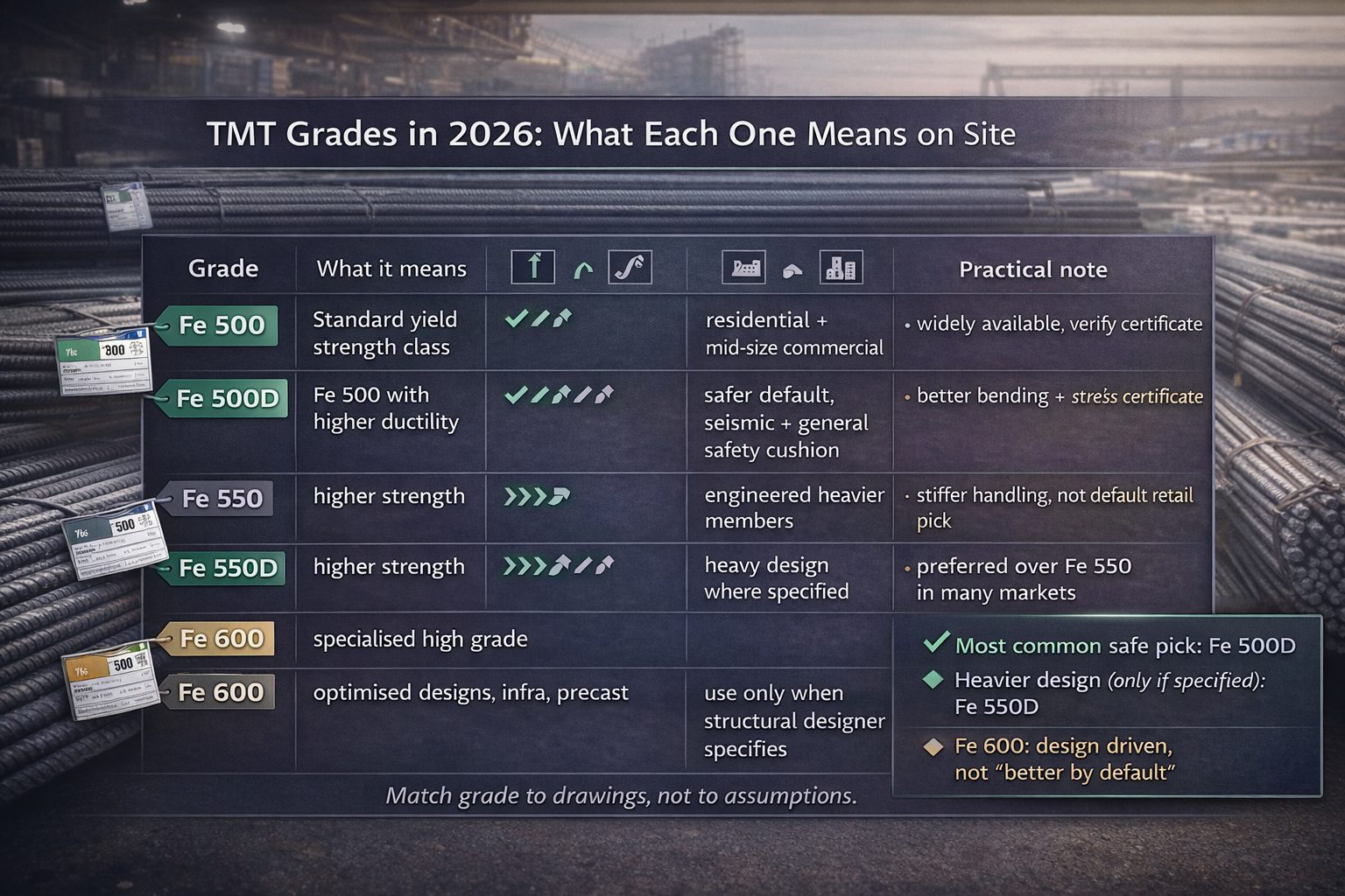 TMT Grades Explained (2026) – Fe‑500, Fe‑500D, Fe‑550, Fe‑600